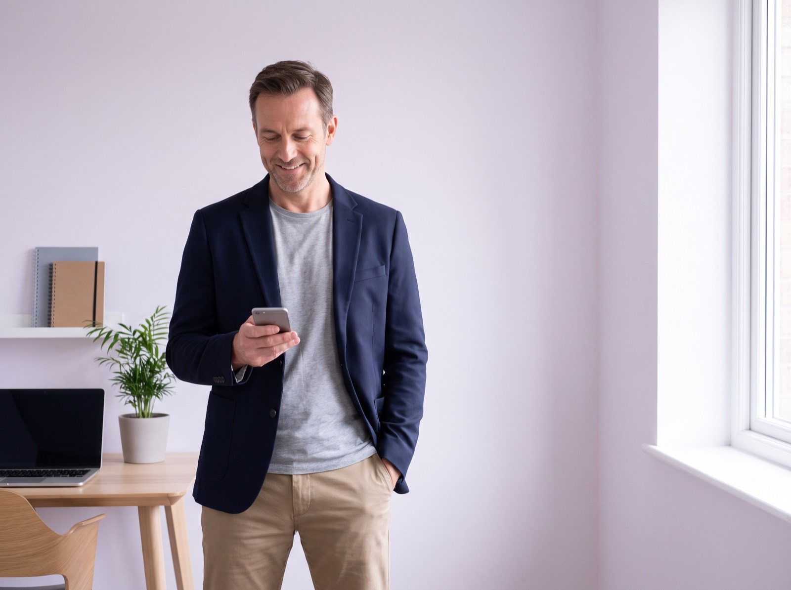 Bedriftseier ser fornøyd på telefonen, oppsummeringen er allerede sendt